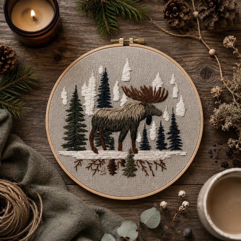 Woodland moose embroidery kit pre-printed pattern