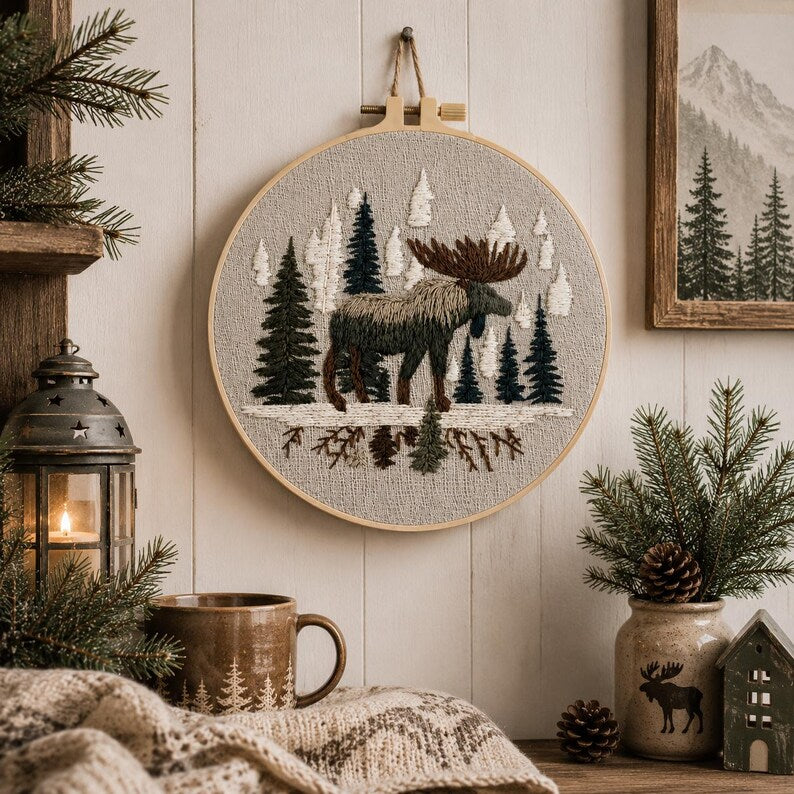 Woodland moose embroidery kit hooped in progress