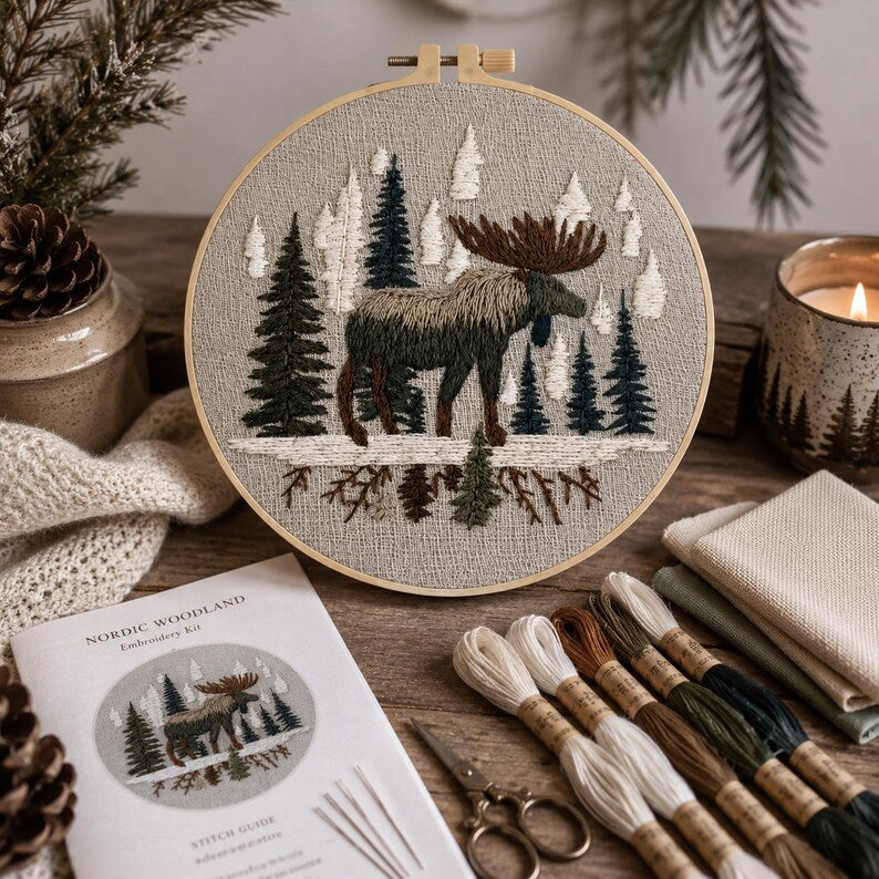 Woodland moose embroidery kit finished piece close up