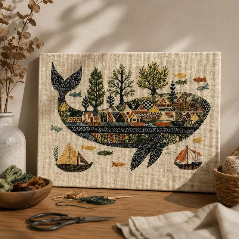 Whale Cross Stitch Kit for Beginners, Coastal Counted Cross Stitch Kit, Ocean Needlework Pattern, Na