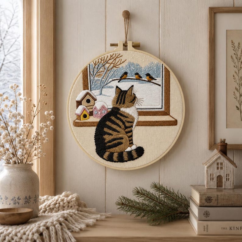 Winter Cat Embroidery Kit for Beginners, Cozy Cat DIY Embroidery Kit, Snowy Window Needlepoint Kit, 
