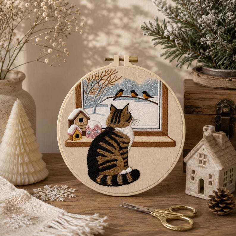 Winter Cat Embroidery Kit for Beginners, Cozy Cat DIY Embroidery Kit, Snowy Window Needlepoint Kit, 