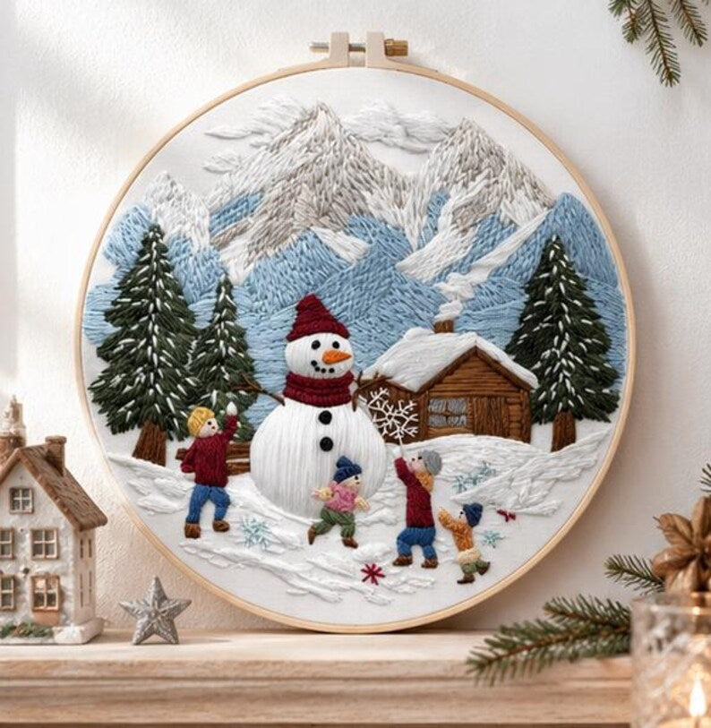 Winter snowman embroidery kit contents with hoop and floss
