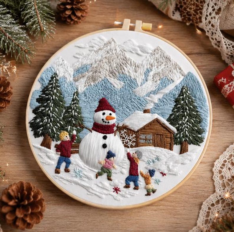 Winter snowman embroidery kit pattern close-up