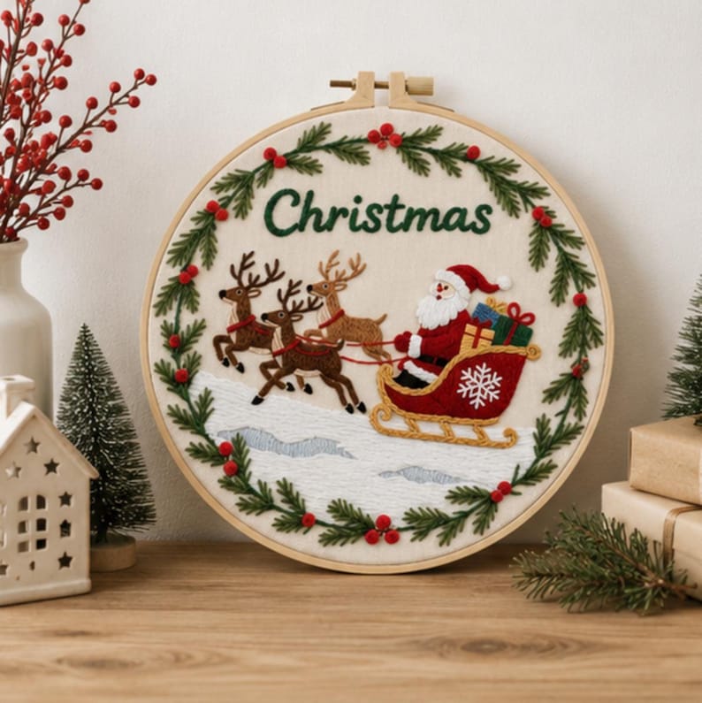 Santa Embroidery Kit for Beginners, Christmas Embroidery Kit, Santa Sleigh DIY Needlepoint Kit, Holi