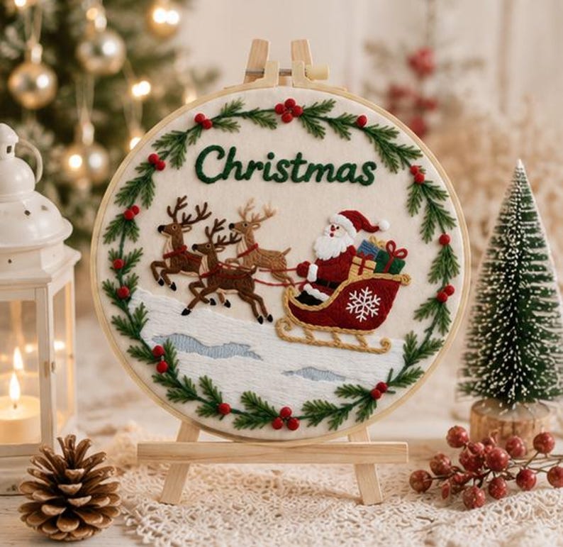 Santa Embroidery Kit for Beginners, Christmas Embroidery Kit, Santa Sleigh DIY Needlepoint Kit, Holi
