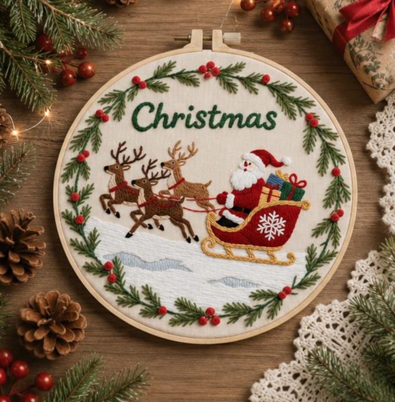 Santa sleigh embroidery kit thread colors