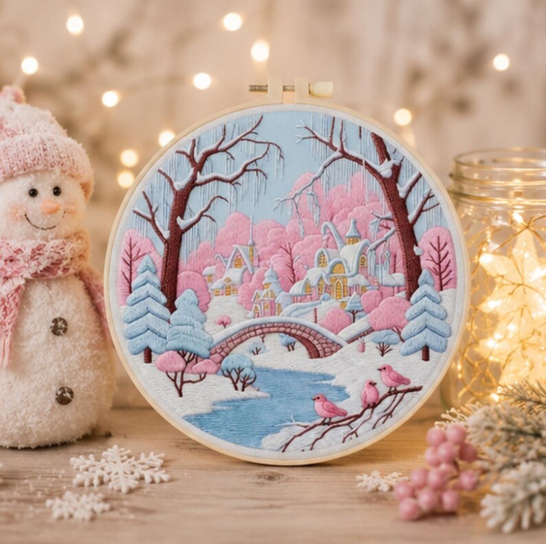 Winter Village Embroidery Kit for Beginners, Pink Winter Landscape DIY Embroidery Kit, Snowy Cottage