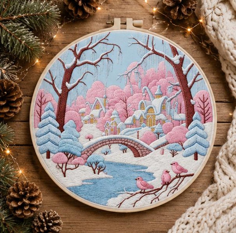 Winter Village Embroidery Kit for Beginners, Pink Winter Landscape DIY Embroidery Kit, Snowy Cottage