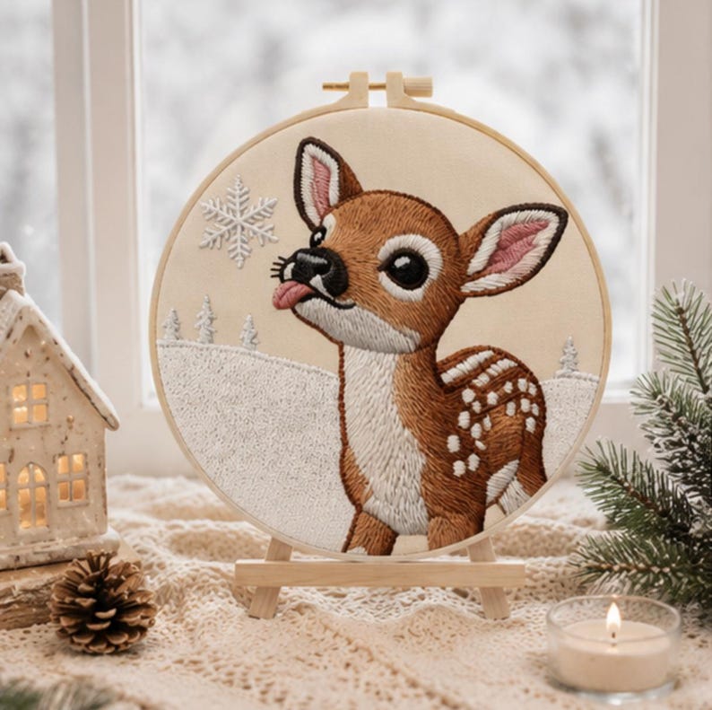 Baby deer embroidery hoop close-up