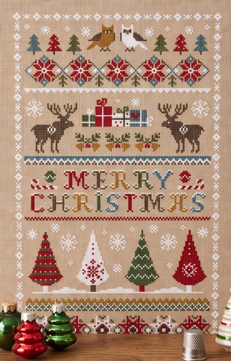 Christmas Cross Stitch Kit, Merry Christmas Embroidery Pattern, Scandinavian Holiday DIY Kit, Winter