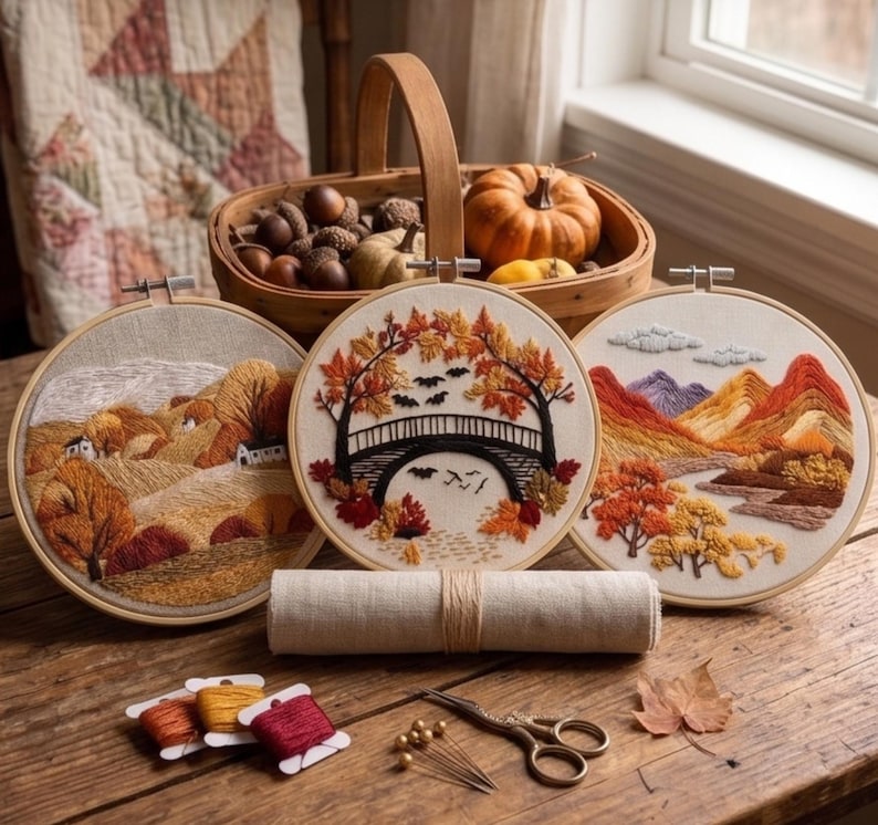 Autumn landscape embroidery pattern detail