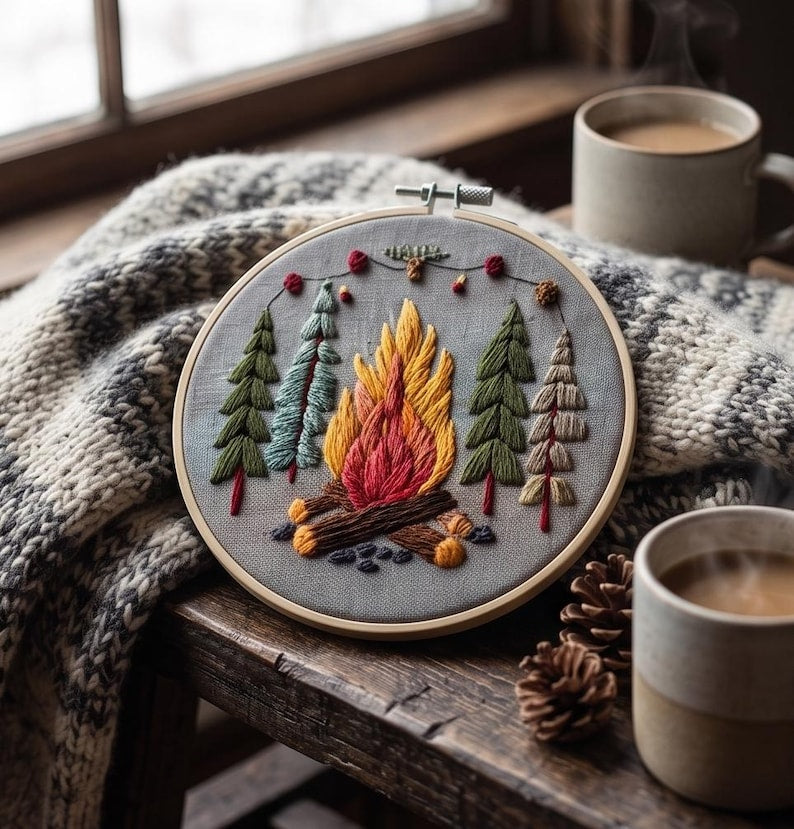 Campfire embroidery kit materials and hoop