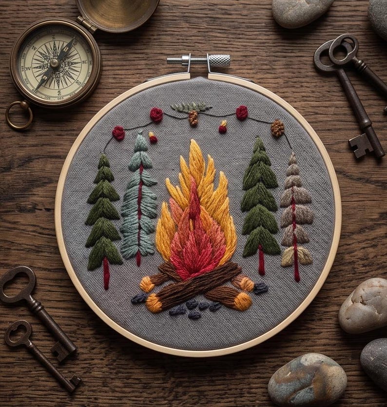 Campfire embroidery hoop art displayed on wall