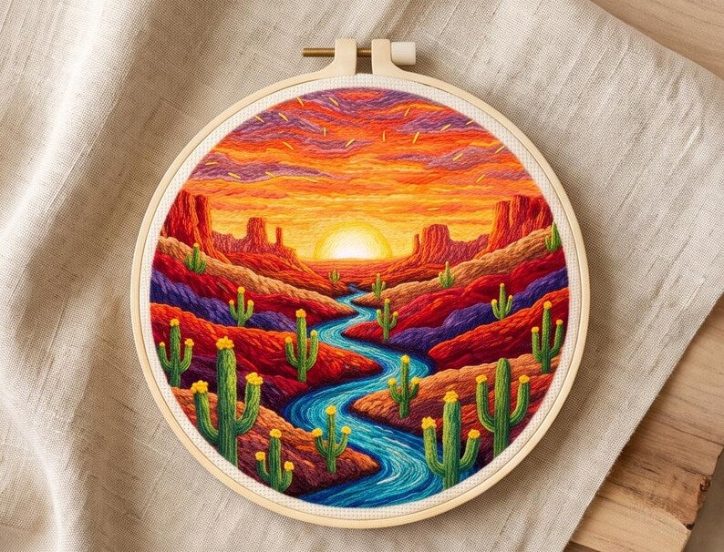 Desert Punch Needle Kit for Beginners, Sunset Landscape DIY Punch Needle Kit, Cactus Needle Punch Cr