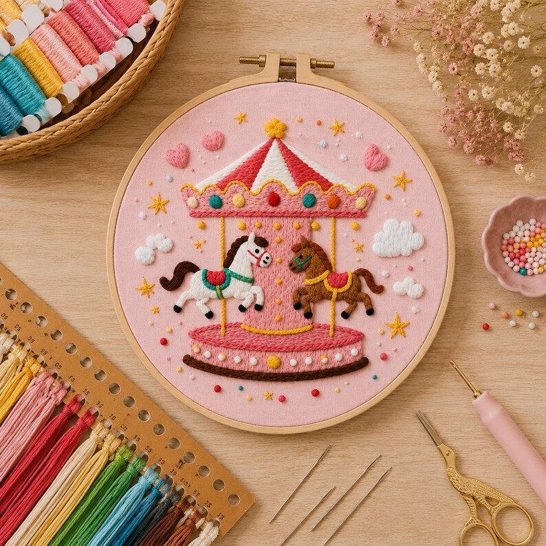 Carousel embroidery kit contents