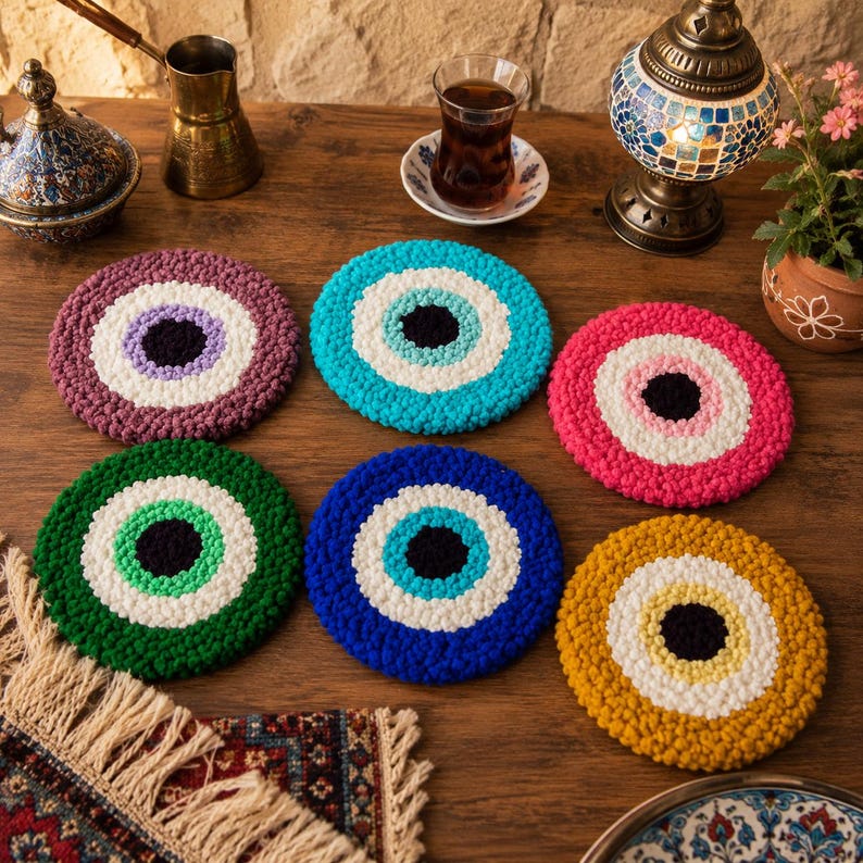 Punch Needle Kit, DIY Evil Eye Coaster Kit, Beginner Embroidery Kit, Set of 6 Nazar Coasters, Boho C