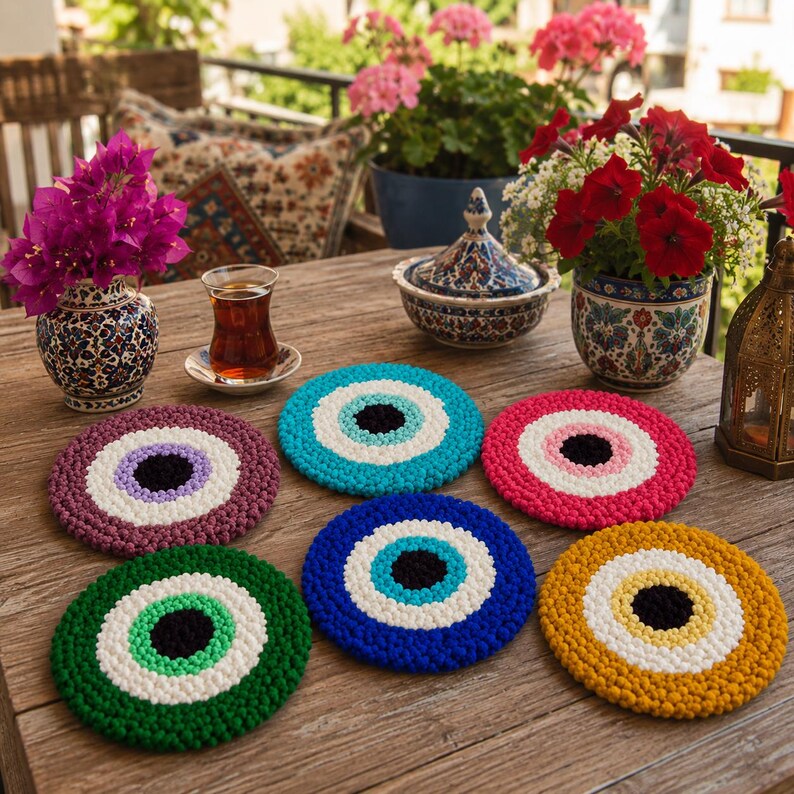 Punch Needle Kit, DIY Evil Eye Coaster Kit, Beginner Embroidery Kit, Set of 6 Nazar Coasters, Boho C