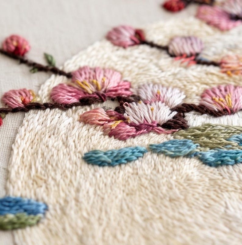 Moon cherry blossom embroidery kit fabric and supplies