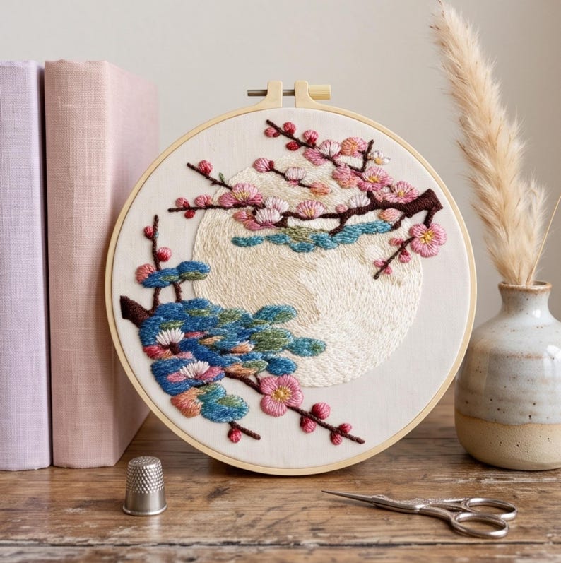 Moon cherry blossom embroidery kit close-up detail