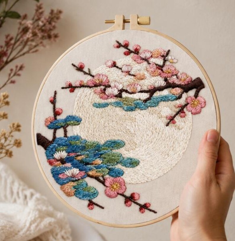 Moon cherry blossom embroidery kit hoop art display