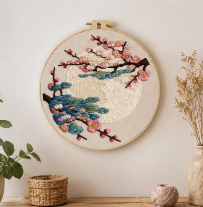 Moon cherry blossom embroidery kit pattern detail