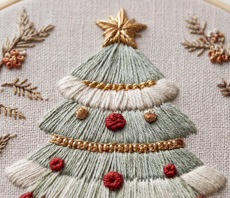 Modern Christmas tree embroidery hoop close-up