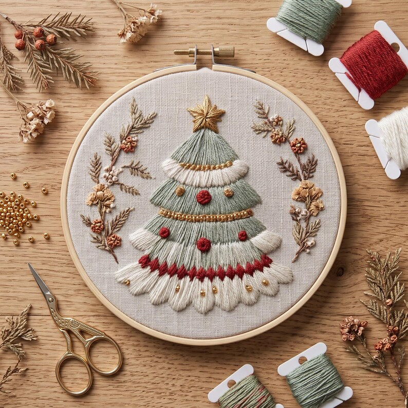 Modern Christmas tree embroidery kit displayed