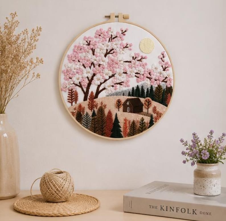 Cherry blossom cottage embroidery kit size options