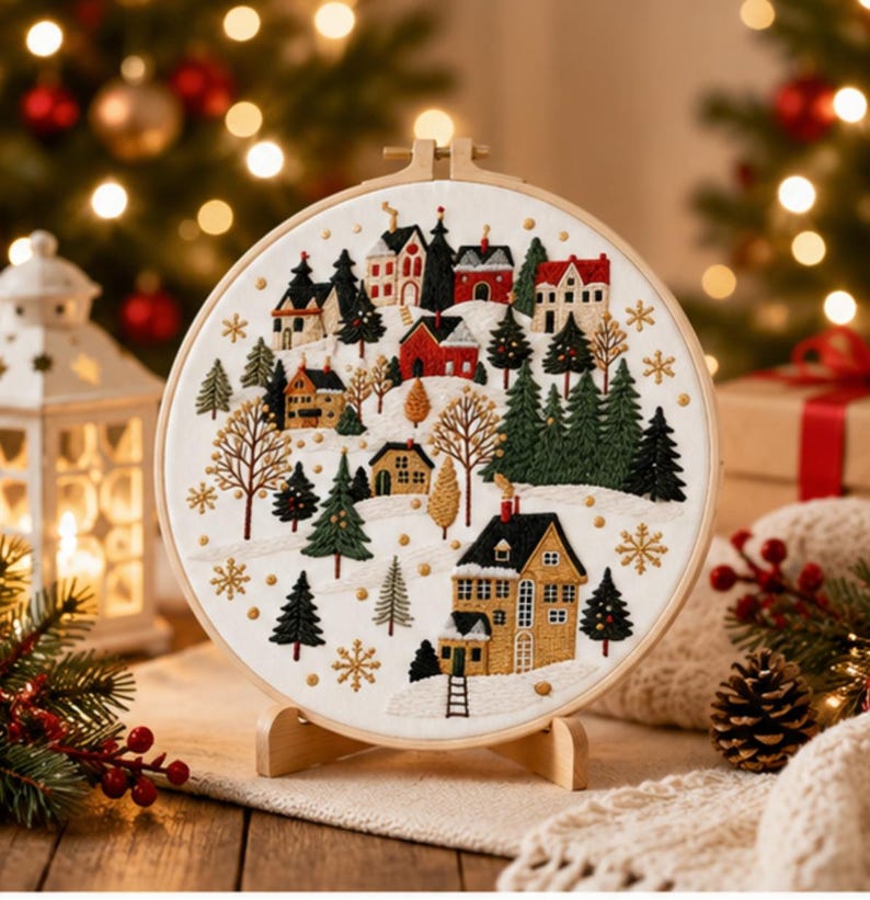 Snowy cottage village embroidery kit contents and materials