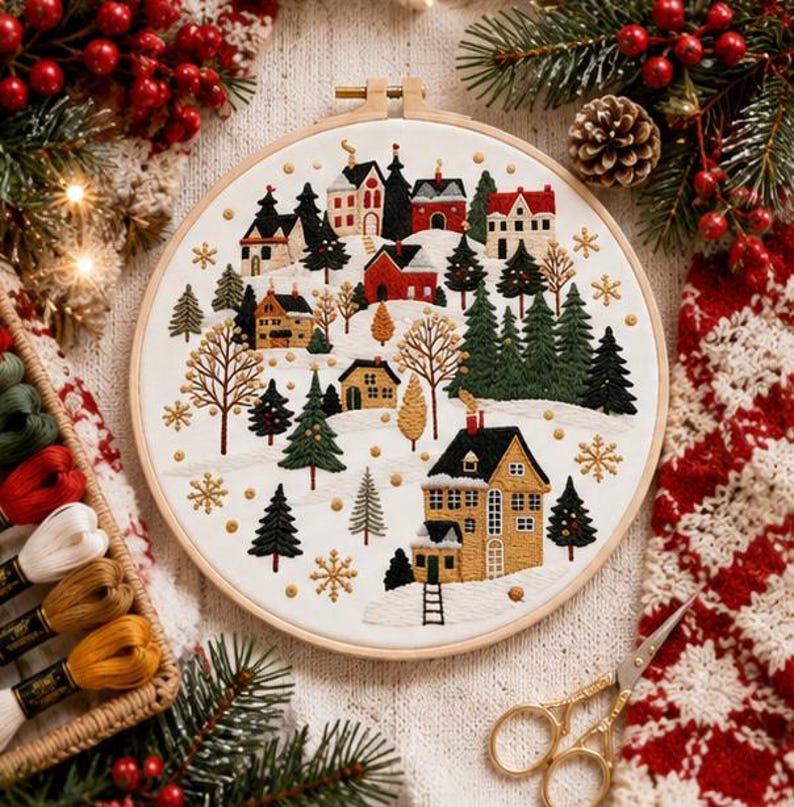 Snowy cottage village embroidery kit pre-printed pattern