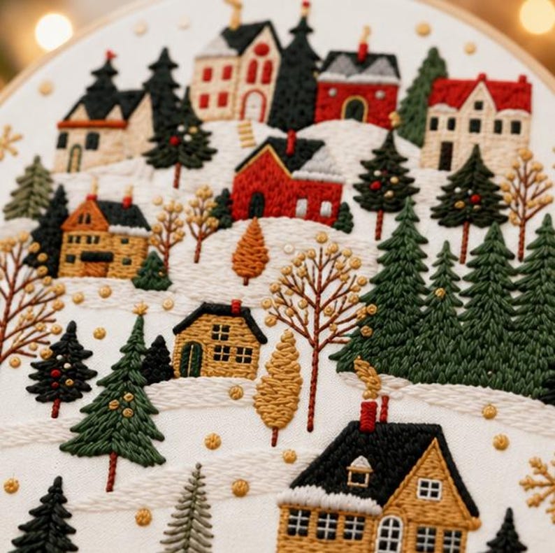 Snowy cottage village embroidery kit finished piece displayed