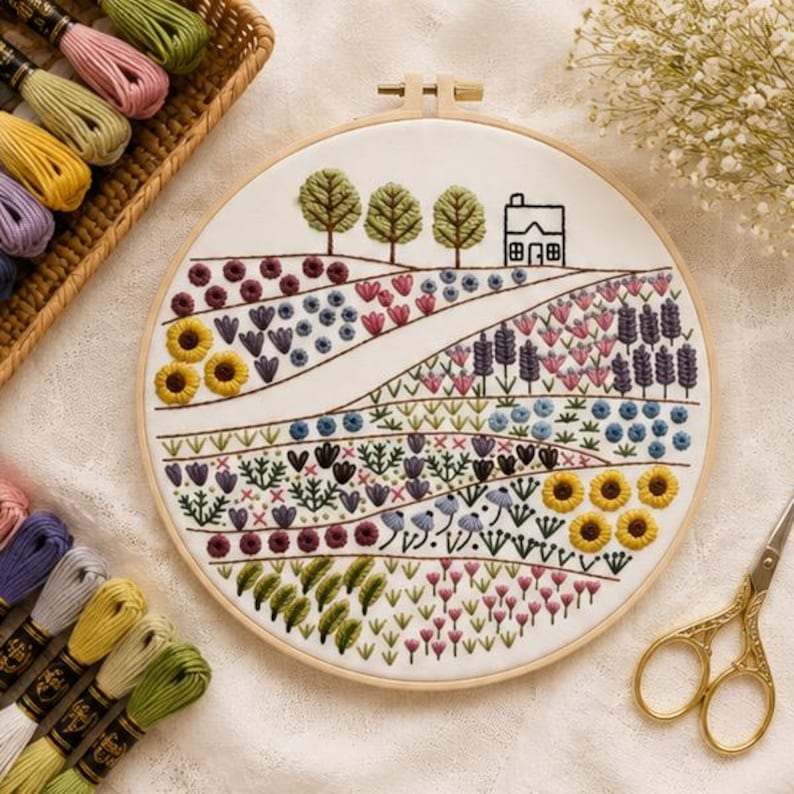 Wildflower meadow embroidery pattern detail