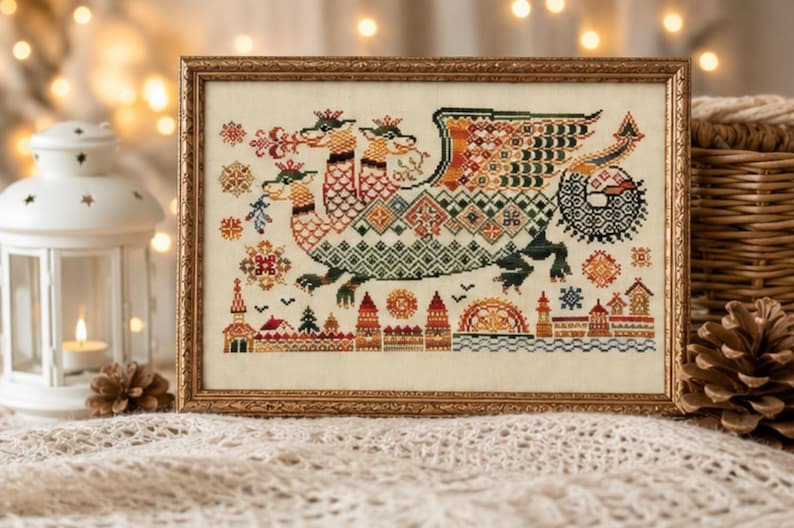 Dragon Cross Stitch Kit, Medieval Folk Art Embroidery, Fantasy Counted Cross Stitch, Nordic Dragon P