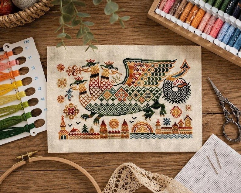 Dragon Cross Stitch Kit, Medieval Folk Art Embroidery, Fantasy Counted Cross Stitch, Nordic Dragon P
