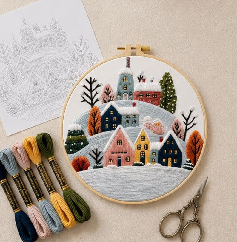 Snowy Cottage Embroidery Kit for Beginners, DIY Winter Village Needlepoint, Cozy Nordic Landscape, H