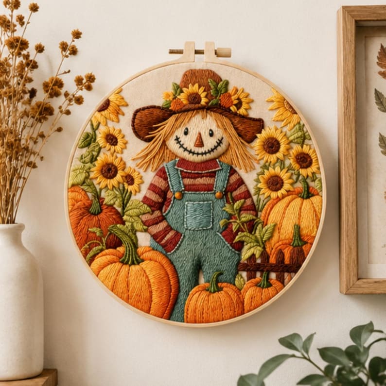 Scarecrow embroidery kit contents and materials