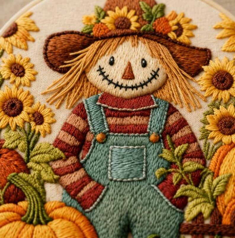 Scarecrow embroidery hoop displayed as farmhouse fall decor