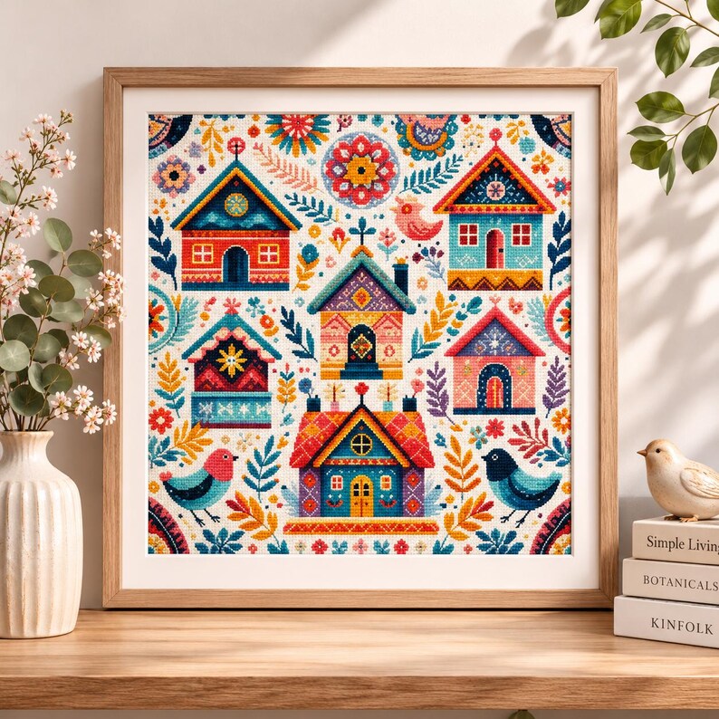 Village Cross Stitch Kit, Cottagecore Embroidery Kit, Folk Art Houses, Bird Needlework DIY Gift