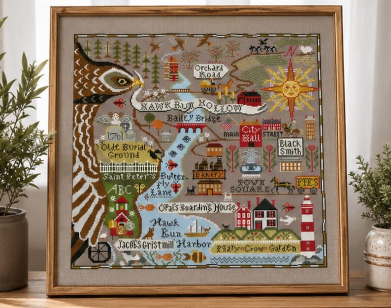 Primitive Americana Cross Stitch Kit, Hawk Run Hollow Folk Sampler, Vintage Map Embroidery
