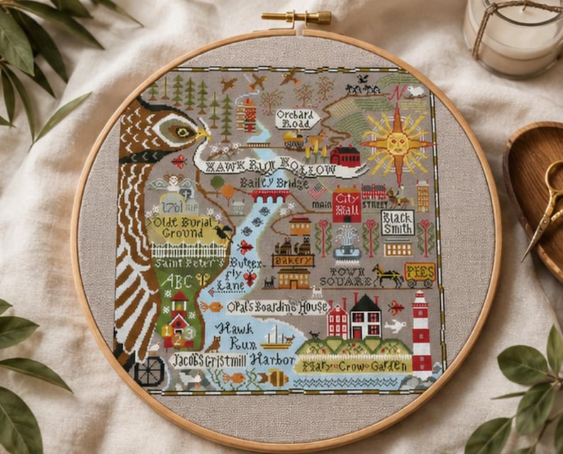 Primitive Americana Cross Stitch Kit, Hawk Run Hollow Folk Sampler, Vintage Map Embroidery