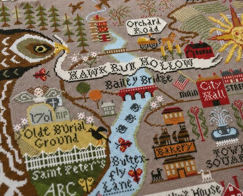 Primitive Americana Cross Stitch Kit, Hawk Run Hollow Folk Sampler, Vintage Map Embroidery