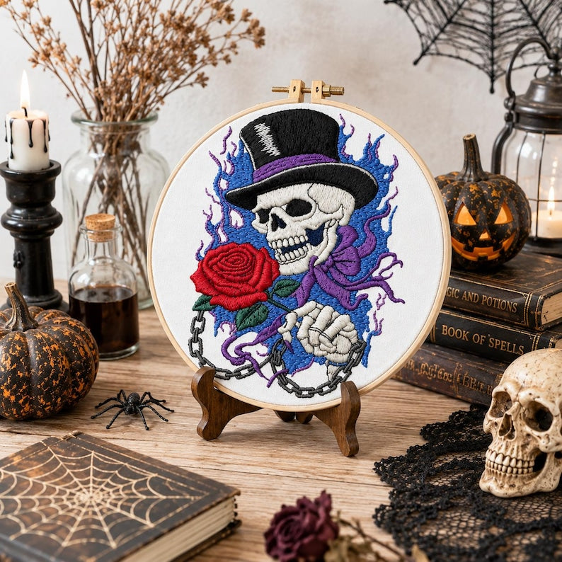 Gothic skull rose embroidery hoop with top hat skeleton design