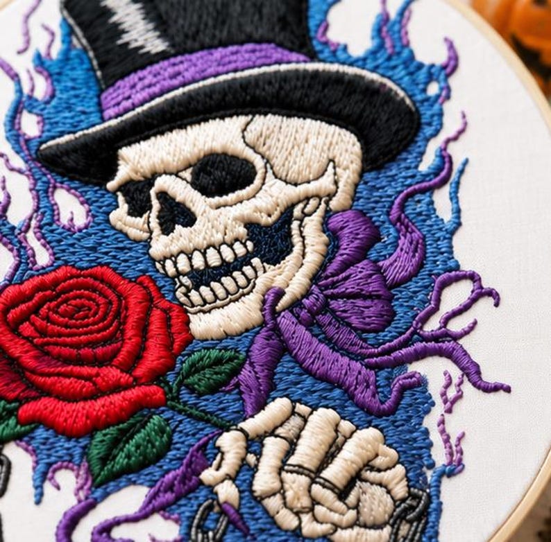 Close up of gothic skull rose embroidery stitching detail