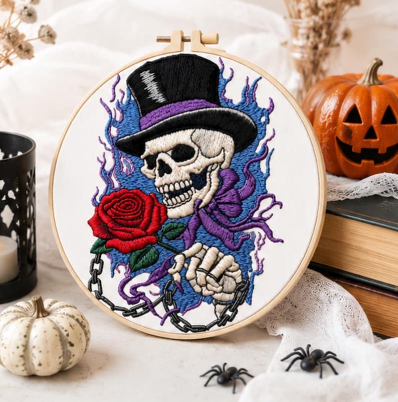 Gothic skull rose embroidery kit contents and materials