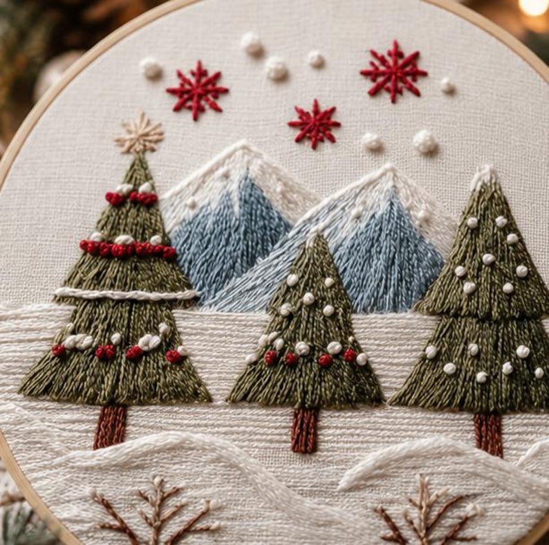 Christmas Tree Embroidery Kit for Beginners, Winter Mountain Embroidery Kit, DIY Snow Landscape Need