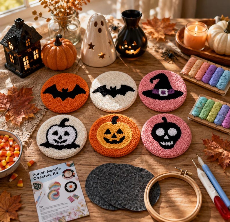 Halloween Punch Needle Kit, Ghost & Haunted House Coasters, DIY Embroidery Craft