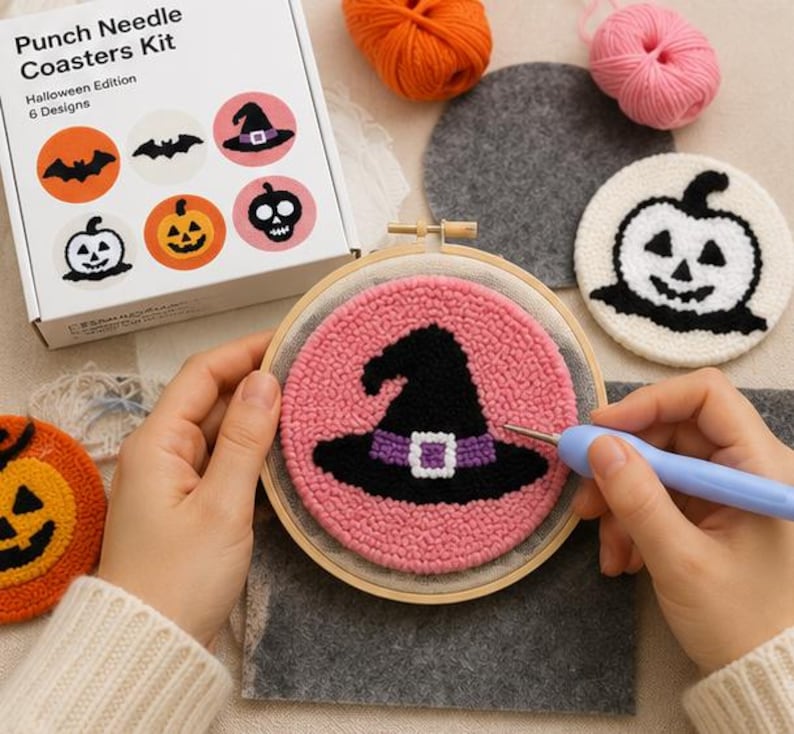 Halloween Punch Needle Coaster Kit, Pumpkin, Bat & Witch Hat DIY Coasters, 6-Piece Punch Needle Embr
