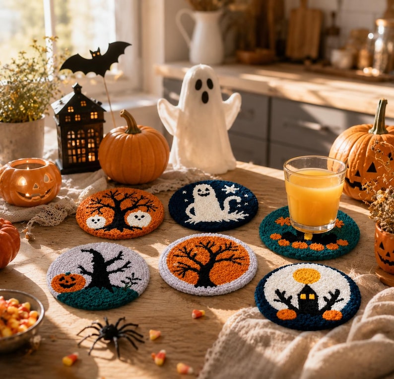 Halloween Punch Needle Kit, Ghost & Haunted House Coasters, DIY Embroidery Craft