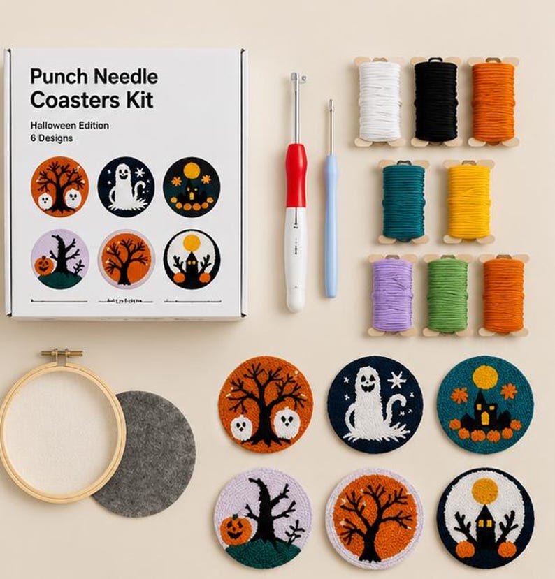 Halloween Punch Needle Kit, Ghost & Haunted House Coasters, DIY Embroidery Craft